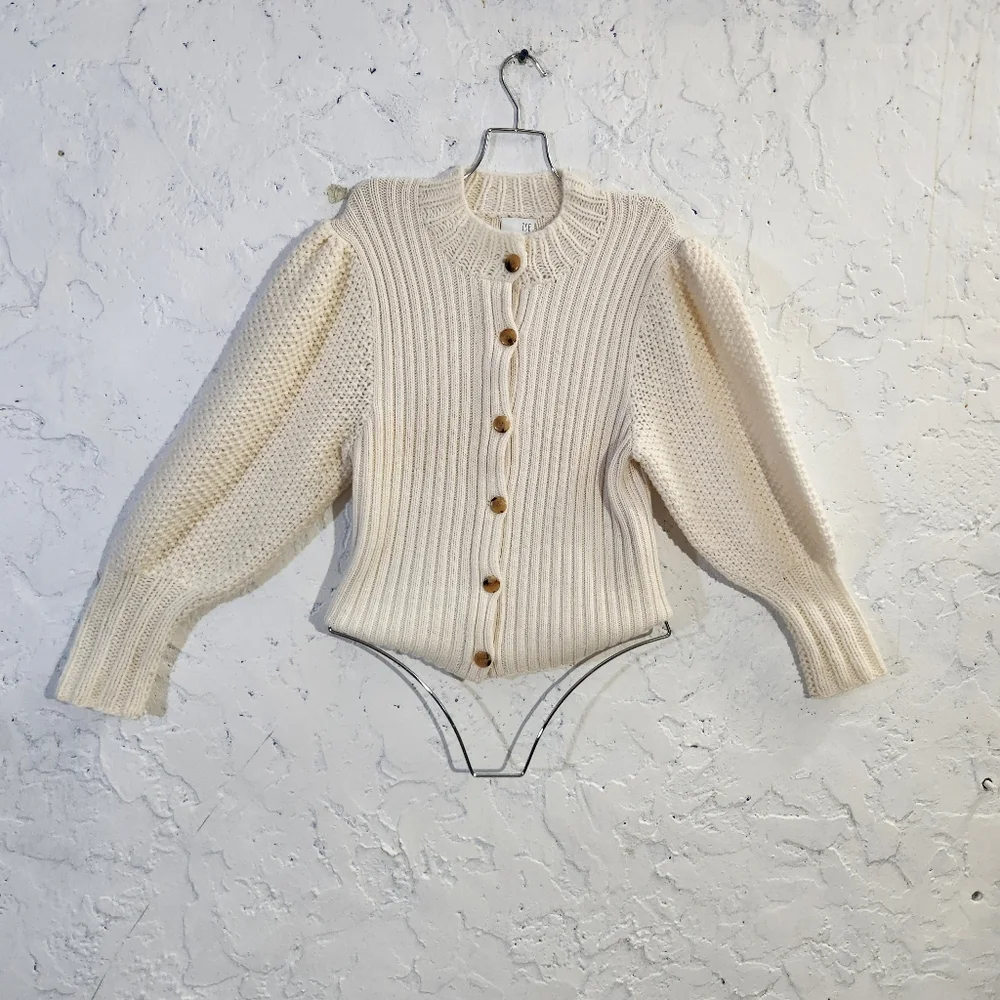 TSE Wool Cashmere Blend Button Dowm Ivory White Balloon Sleeve Knit Sweater - Picture 4 of 12